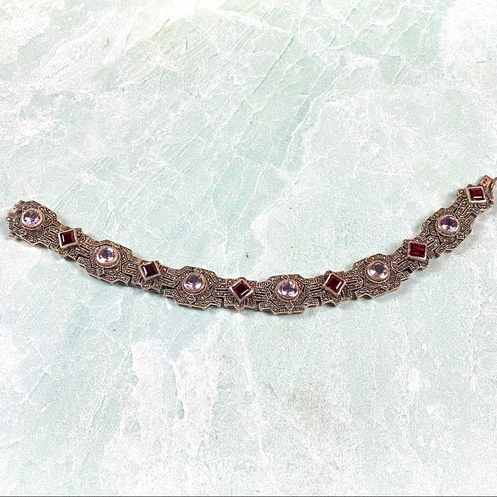 Vintage .925 sterling silver, red garnet, and marcasite FAS Thai tennis bracelet